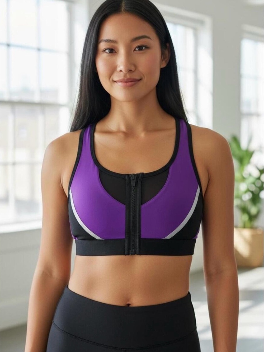 Fabletics Purple Front-Zip Sports Bra with Black Trim